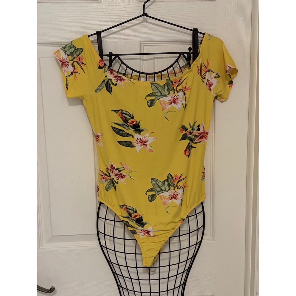 Stella Tweed Womens Yellow Floral Off Shoulder Bodysuit Short Sleeve Large
